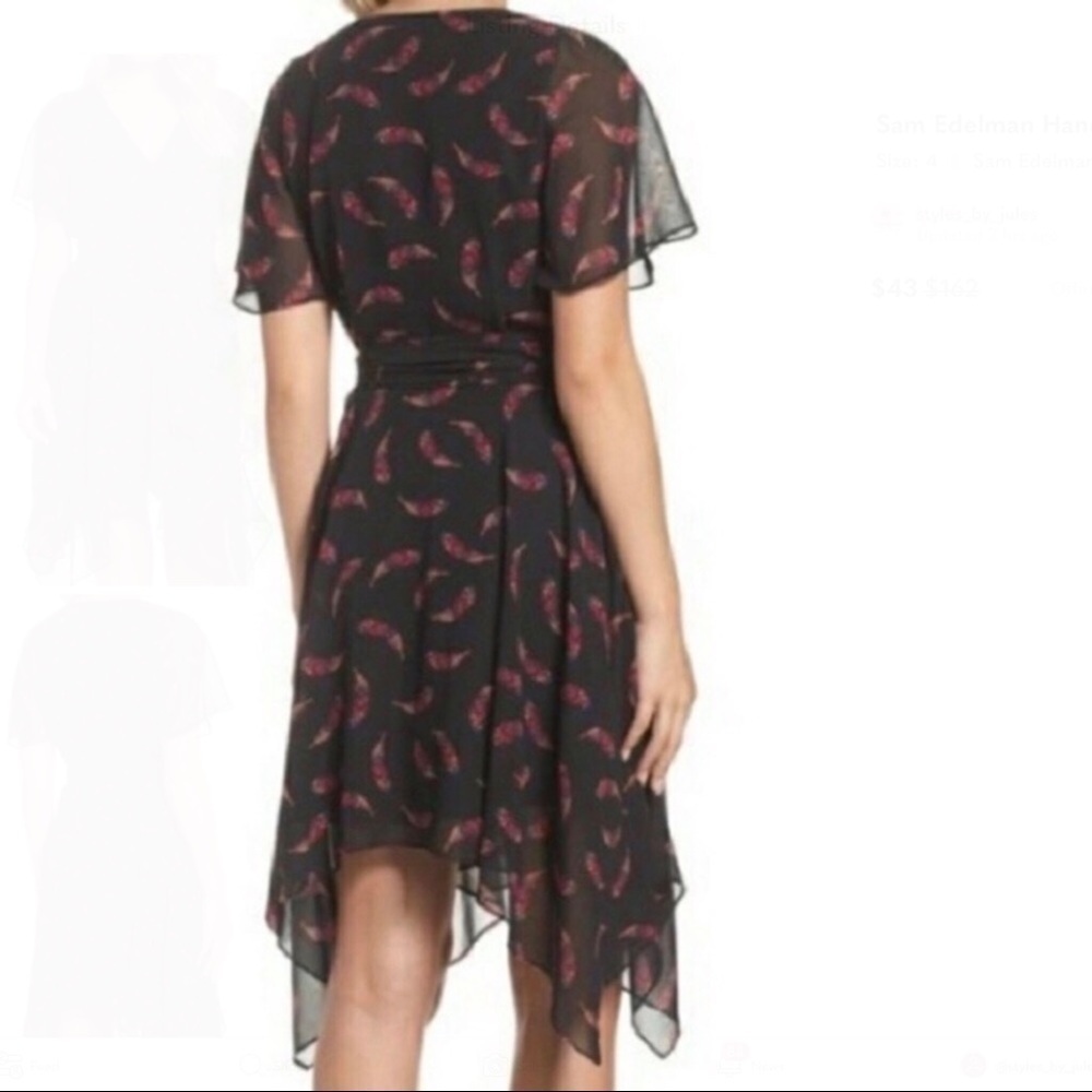 Sam Edelman Handkerchief Dress Boho Feather Print Size 4 Black - Picture 2 of 8